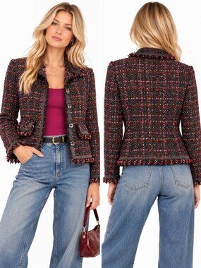 Robert Louis Confetti Tweed Blazer Jacket Women Black Red Pink Size S Tweed Chic
